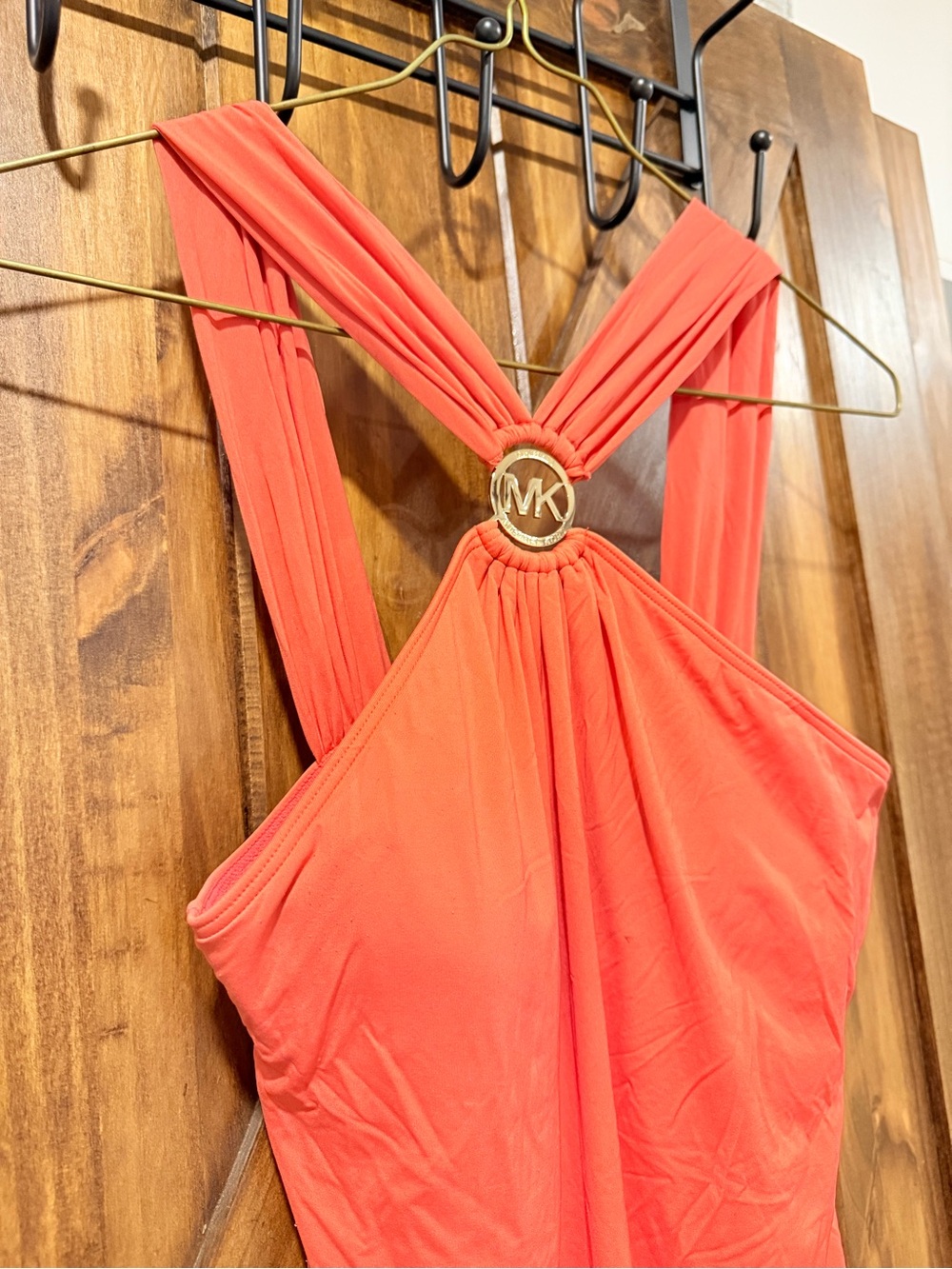 Michael Kors Coral Halter Swim Dress with Gold MK Emblem